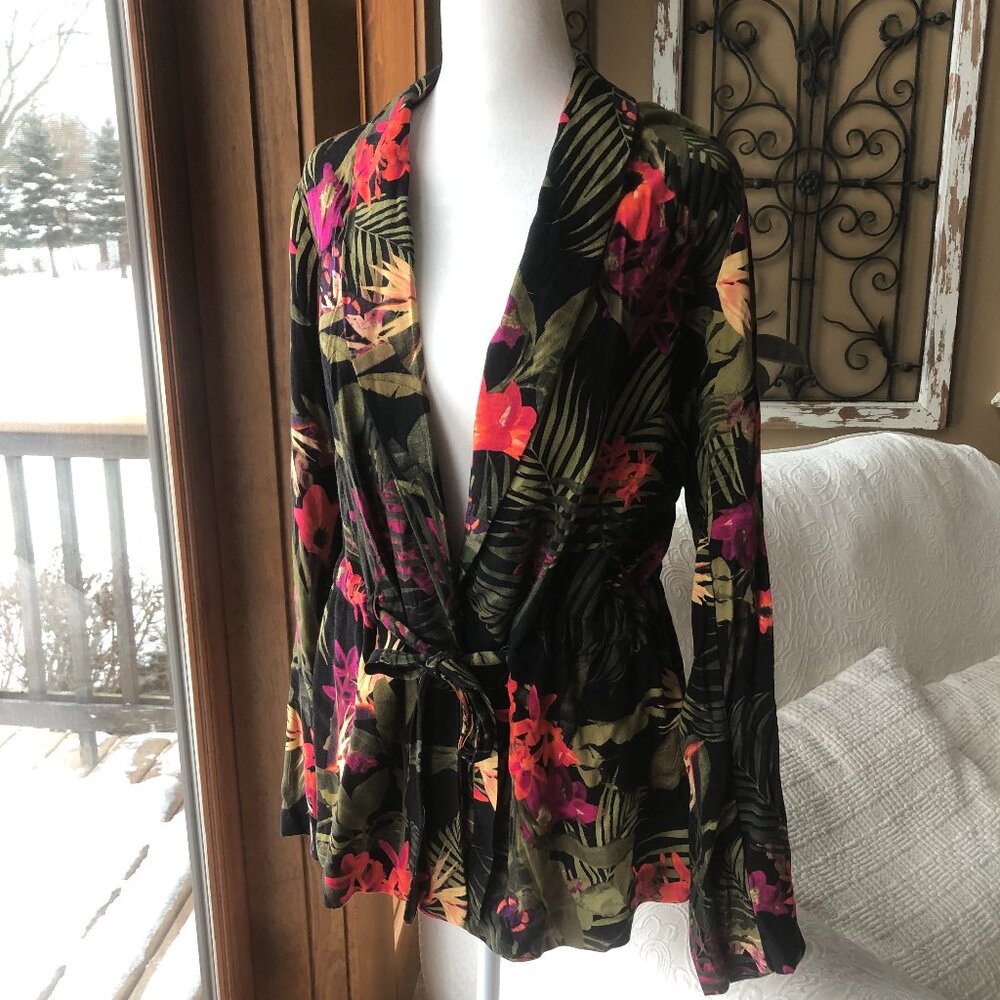 Worthington Casual 100% Rayon Tropical Print “Isla Floral” Tie Front Blazer Sz L